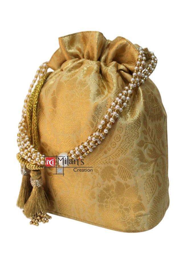 MILAN'S CREATION Banarasi Silk Brocade Potli Bag Purse With Base Drawstring Women's handbag with Pearl Handle & Tassel Weddings (Gold) - Image 3